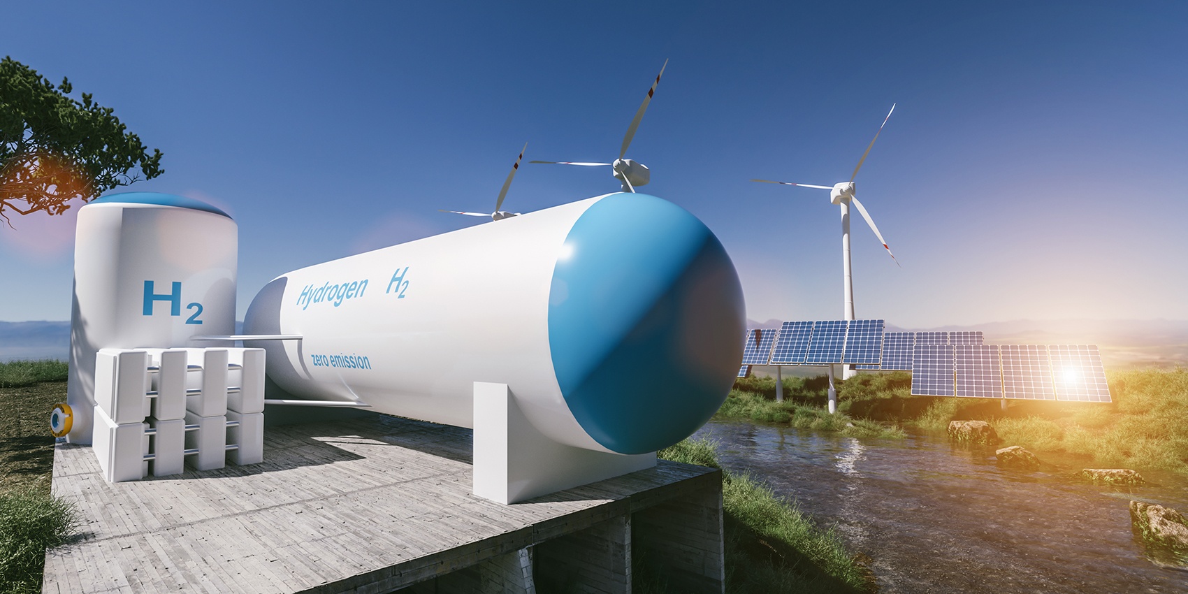 Hydrogen storage tanks alongside solar panels and wind turbines